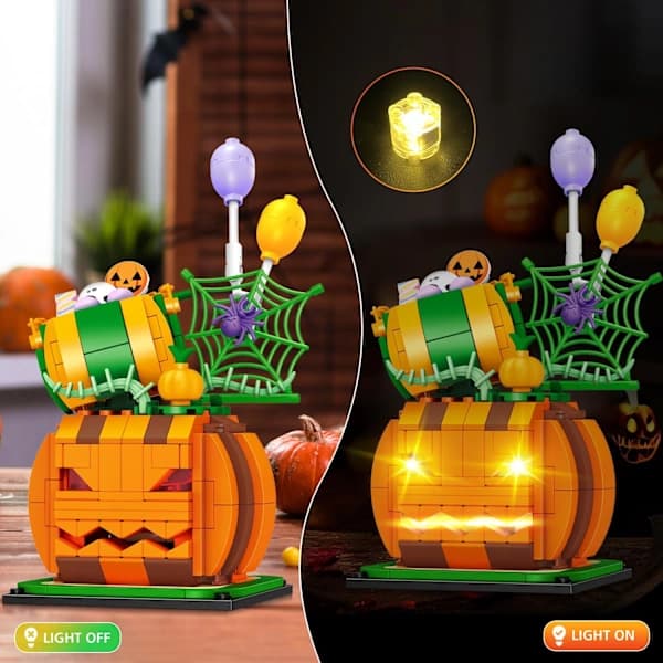Halloween Græskar Byggelegetøj med LED-lys - 335 Dele Byggeklodssæt