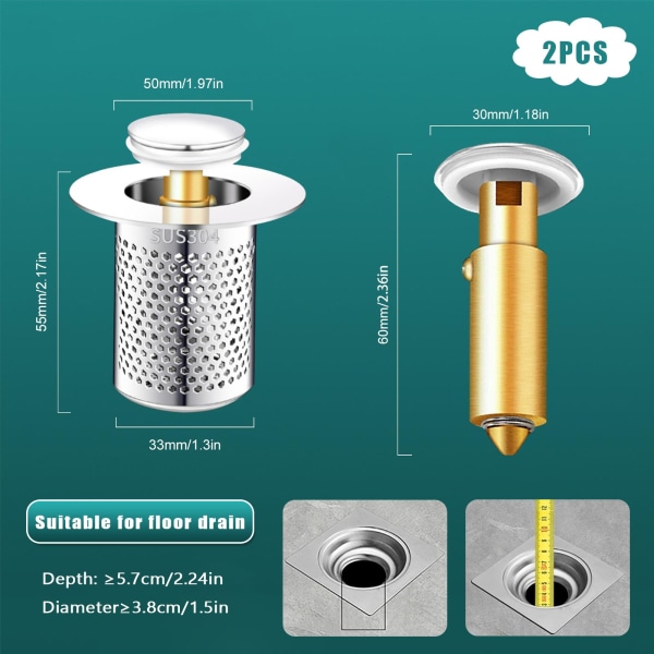 Ruostumattomasta teräksestä valmistettu hiustenkerääjäsetti: 2-osainen lavuaarin viemärisihti keittiöön ja kylpyhuoneeseen - Estää tukokset irrotettavalla suodatuskorilla Plastic short 2pcs