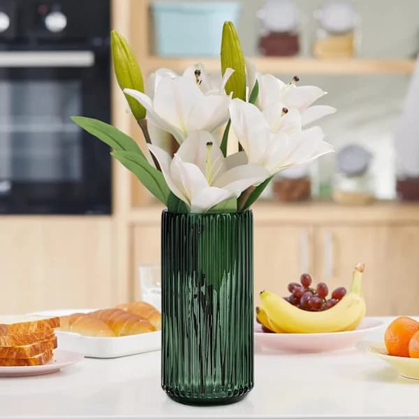 NN Blomvas 9,7 tum Grön Tjock Handblåst Glasvas Rund Vintage Randig