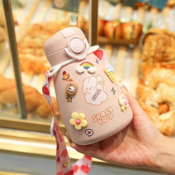 Kawaii vattenflaska med sugrör, isolerad magkopp 500 ml, rosa