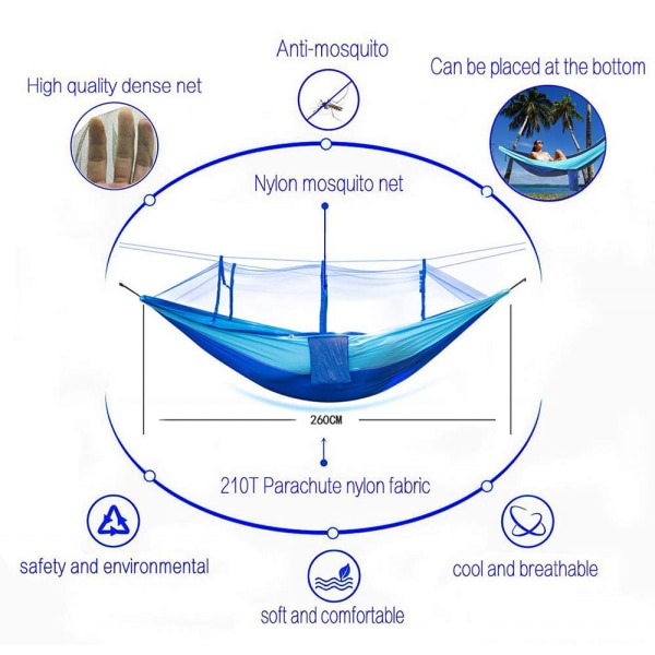 Camping Hengekøye med Myggnetting - Ultra Lett Holdbar Dobbel/Enkelt Reise Hengekøye 660lbs Kapasitet for Hage Camping Blue 1