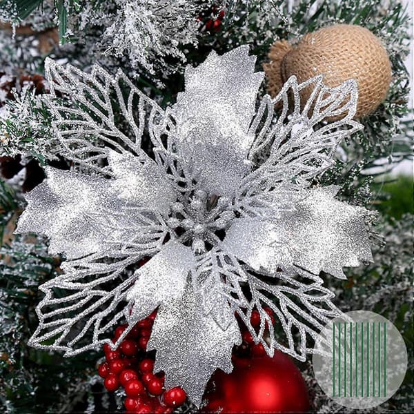 10 stk. julestjerner med glimmer, store juleblomster 9 cm, juletræspynt, sølv