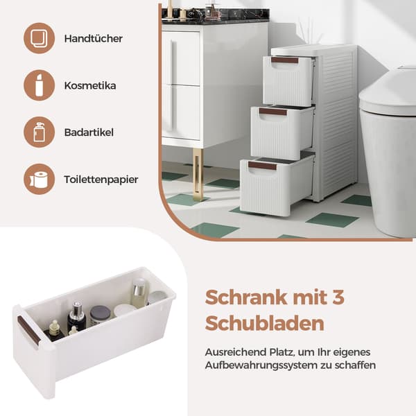 Smal oppbevaringsvogn med hjul, 4 skuffer, hvit, PP-materiale