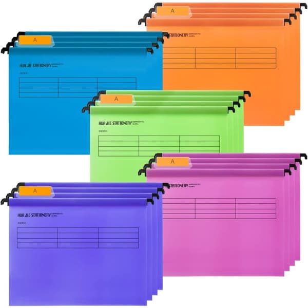 24-pack A4 Hanging File Folders in Polypropylene with Tabs and Card Inserts for Office Organization, Home Office (Assorted Colors)