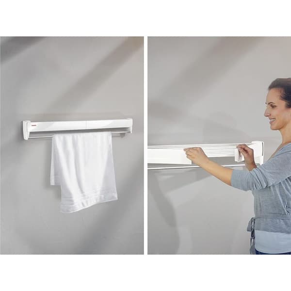 Vægmonteret foldbart tørrestativ, 5 stænger à 60 cm, 3 m tørreplads, indendørs/udendørs
