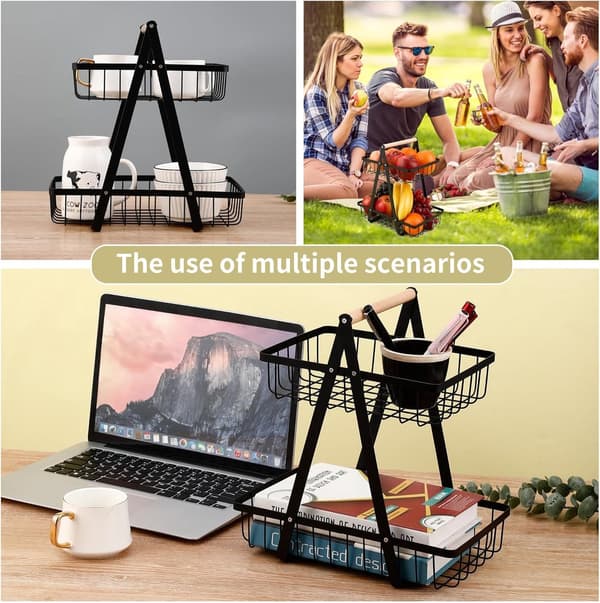 Black 2-Tier Fruit Basket 27x17cm – Detachable, for Fruit, Cake, Vegetables, Home or Office