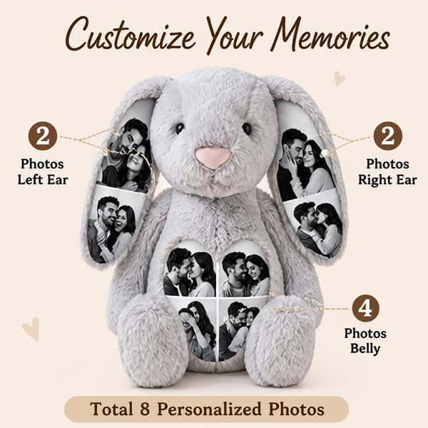 Custom Photo-Filled Rabbit Plush with Hidden Ears, Personalized Image, Size A A