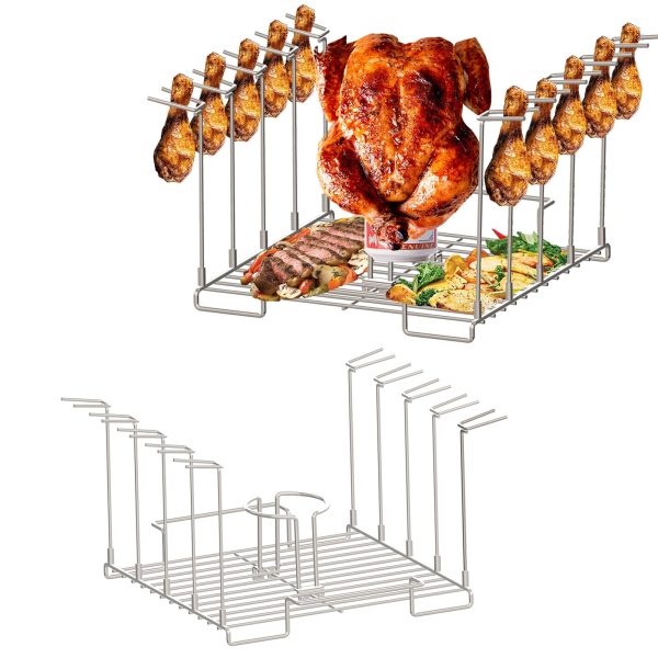 4 in1 Can Chicken Holder for Grill and Smoker, Stainless Steel Beer Chicken Stand with 10 Slots Chicken Wing/Leg Rack/Barbecue Skewers