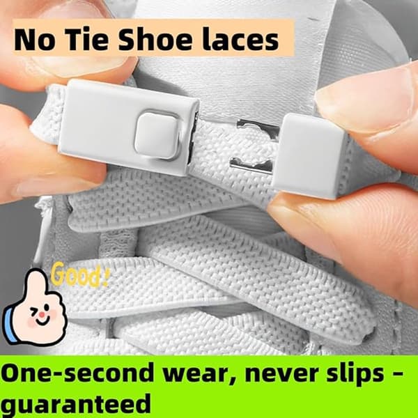 Elastic No-Tie Shoelaces - Locking Stretchy Flat Laces with Buckle for Sneakers, White, 100 cm