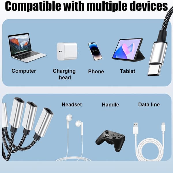 3-ports USB-C-adapter med splitterkabel - Bærbar ladehub for dataoverføring, kompatibel med bærbare datamaskiner