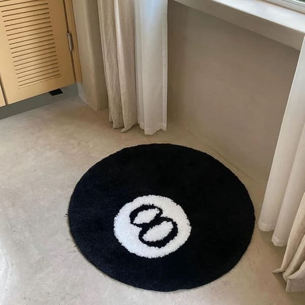 Simuleret 8 Ball Billardmåtte, Otte Ball Tæppe, Sort Rund Skridsikker Badeværelsesmåtte (80 x 80 cm)