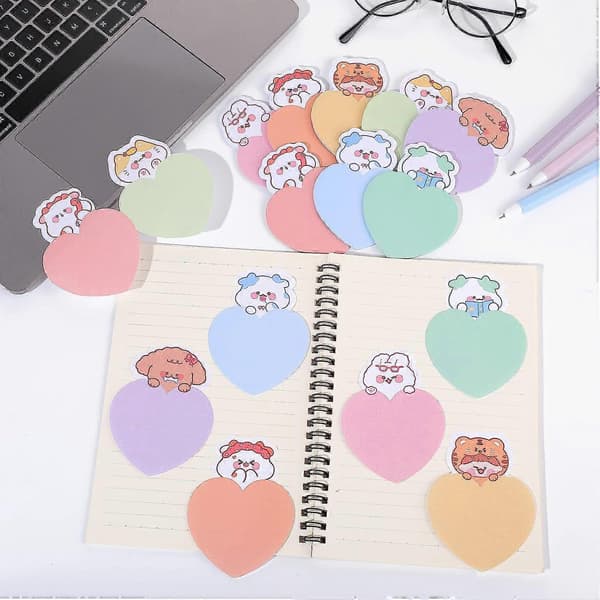 Søde hjerteformede sticky notes, 8 pakker, selvklæbende tegneseriedyre-sticky notes, farverige hjerter, 240 ark, tilfældig stil