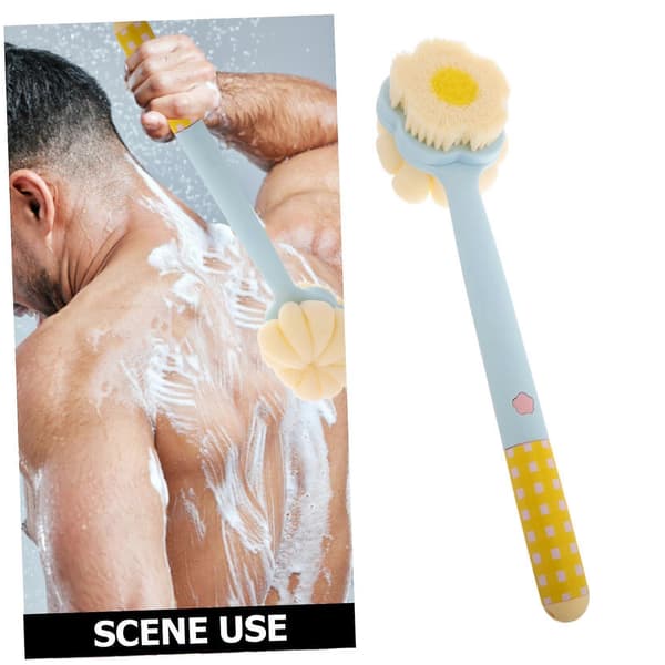 【LD】Long Handle Bath Brush and Back Scrubber with Built-in Foot File, Double-Sided Soft Bristles