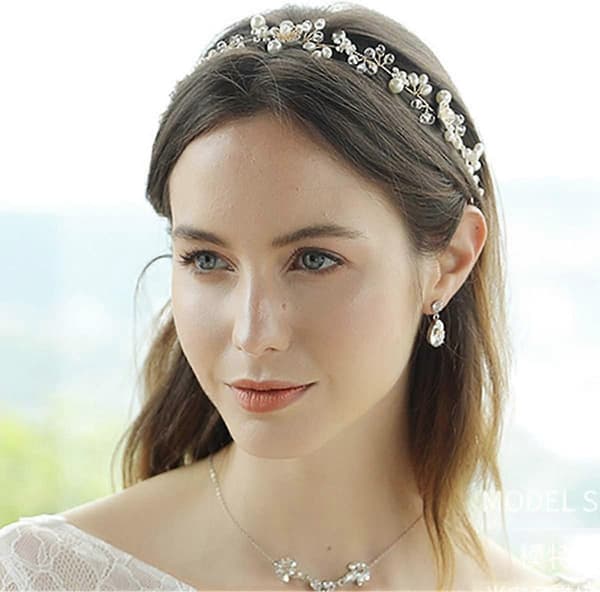 Bryllupstiara Krystal Imiterede Perler Blomst Hårtilbehør 38 cm