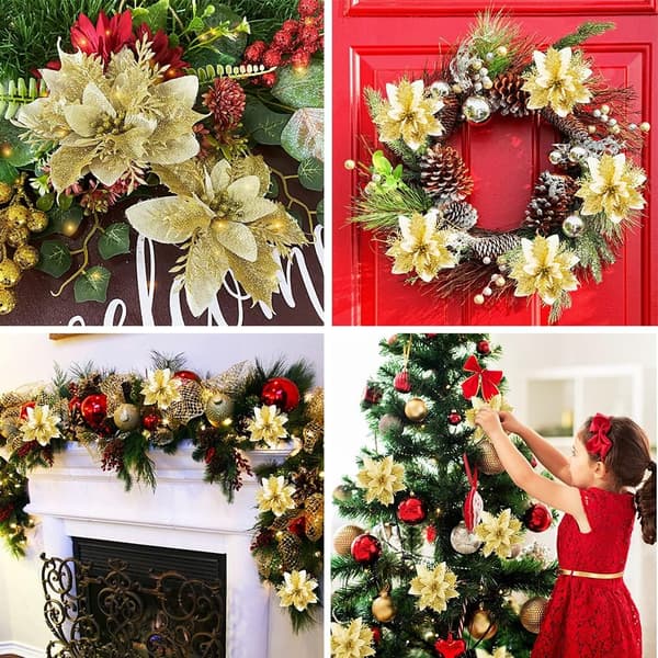 15 kunstige juletrepynt i form av blomster med glitter, fleksibelt materiale