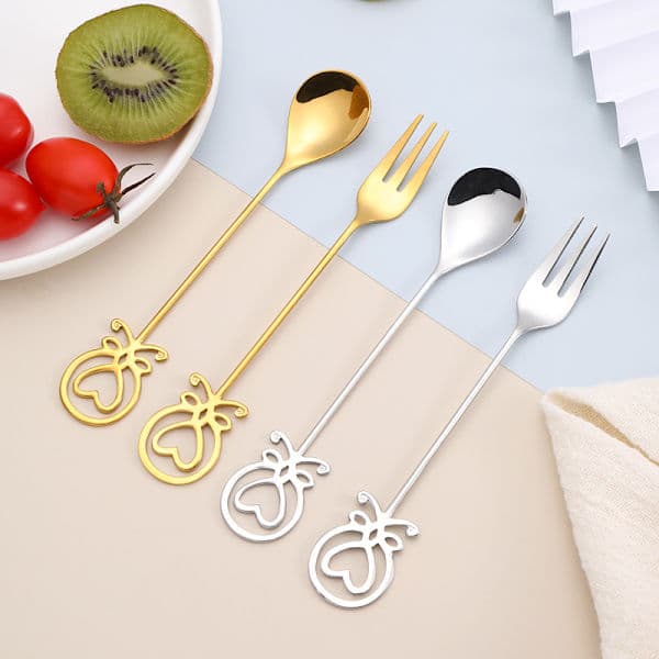 Octopus Heart Fork and Spoon Set, Dessert Fork and Spoon Small Cake Spoon, Stainless Steel Coffee Spoon (4 Pieces)