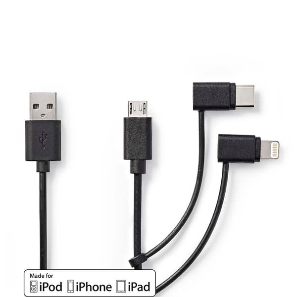 Nedis 3-i-1 kabel USB 2.0 USB-A hanstik Apple Lightning 8-pin USB Micro-B USB-C 480 Mbps 1,00 m sort Svart