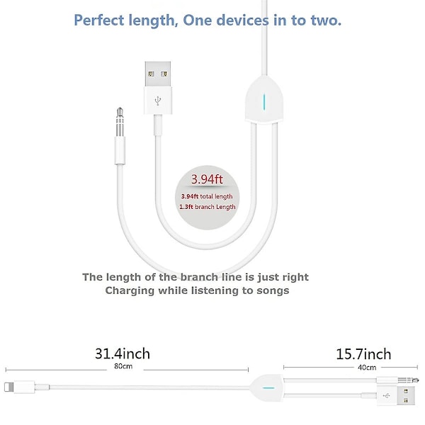 [Opgraderet] 2-i-1 lydopladerkabel kompatibelt med iPhone/iPad, oplad og afspil musik samtidigt, understøtter bilstereo/højttaler/hovedtelefon med
