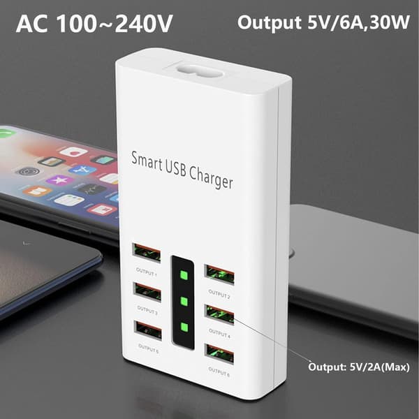 USB-lader, 30W 6 USB-A-porter, universallader kompatibel DXGHC