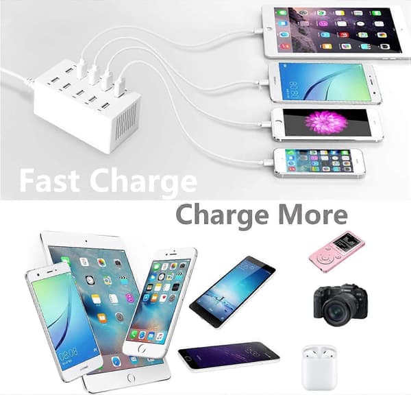 USB Charging Station, 50W 10-Port USB Charging Hub, with Smart Detection