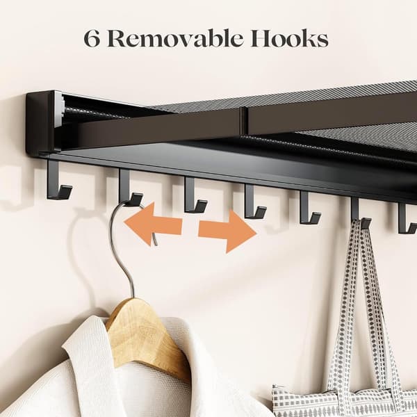Wall-mounted clothes drying rack, foldable, 44 cm aluminum, with 6 towel hooks, black