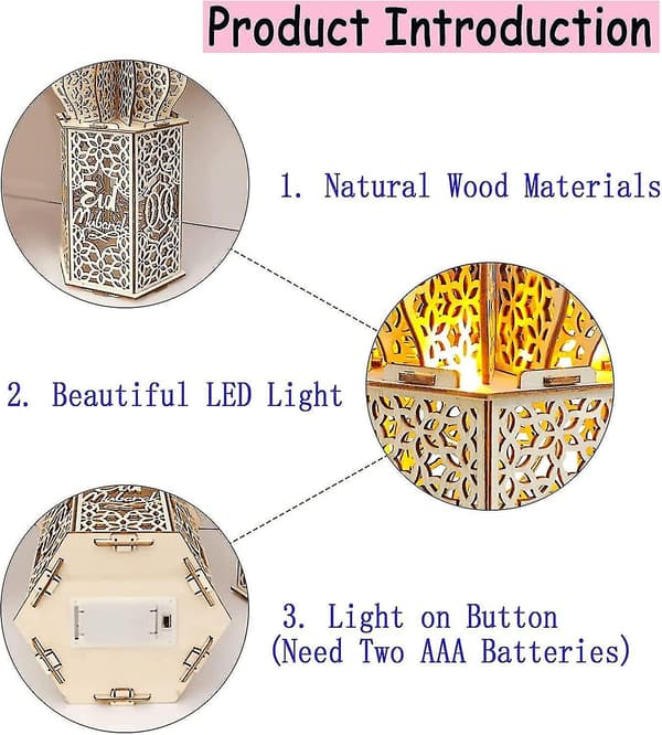 3 deler DIY Ramadan-trelys LED-lampe Mubarak Ramadan-dekorasjoner