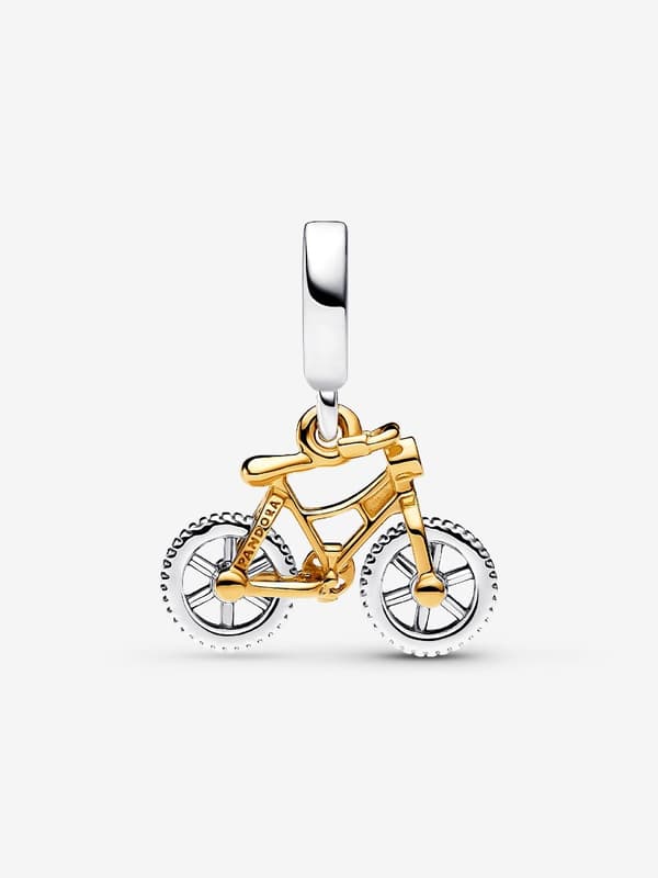 Two-tone Bicycle Charm with Spinning Wheels - Sterling Silver, 14k Gold Plating