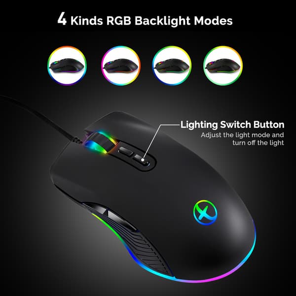 Kablet USB optisk mus, RGB fargerik lysende spillmus