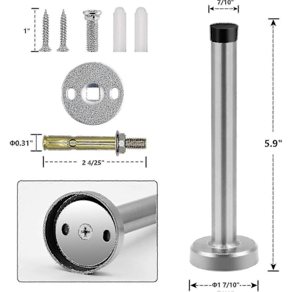 Dørstopper, 15 cm lang dørstopper, veggmontert, kraftig solid svart dørstopper børstet rustfritt stål med myk gummiknott - Perfekt Silver 6 Inch*2