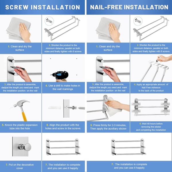 Bathroom Wall Mounted Towel Rack - Extendable 37-70 cm - Stainless Steel No Drilling & Drilling 2 Installation Methods
