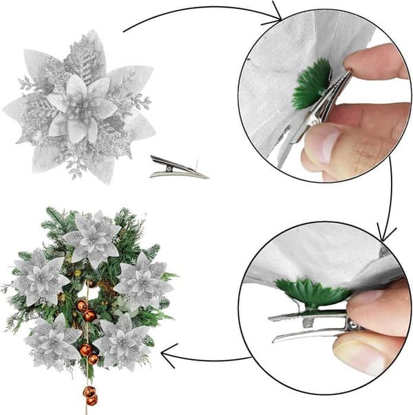 20 stk. juletreblomster med klips, glitrende kunstige juleblomster, glitrende julestjerneblomster