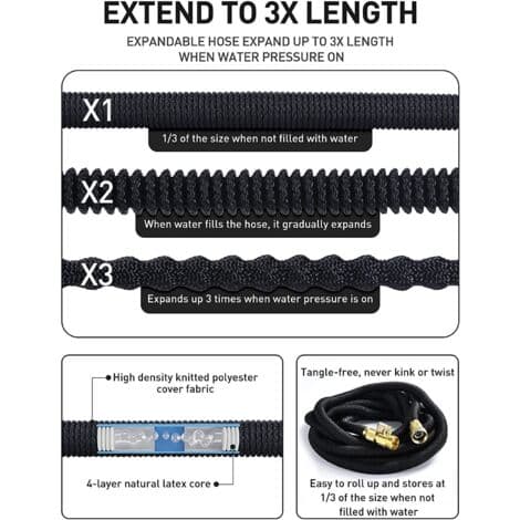 15m Expandable Garden Hose - Reinforced Natural Latex - 8 Spray Patterns - Soap Container and Accessories Included