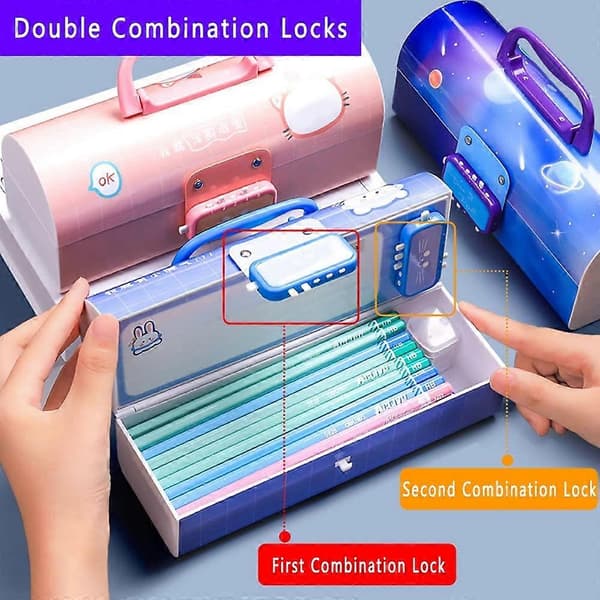 Multifunctional Pencil Box with Double Password Lock, Large Plastic Stationery Case with Combination Lock (Dinosaur Purple)