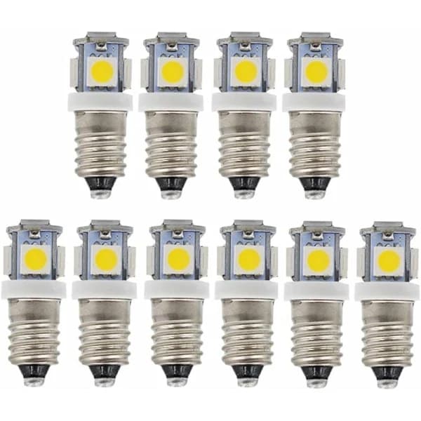 10 stk E10 6V Kaldhvite LED-pærer 5SMD 0.5W 50LM (Varmhvit)