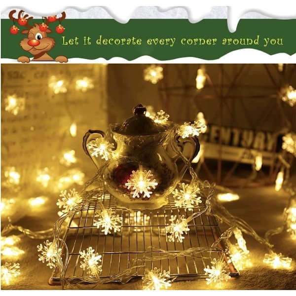 Christmas Lighting - Snowflake String Lights - 6m 40 LED - Battery Operated (Requires 3 AA Batteries)