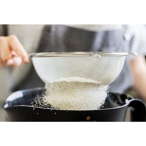 Stor sil med håndtak, fortinnet metall, for baking og matlaging, sølv