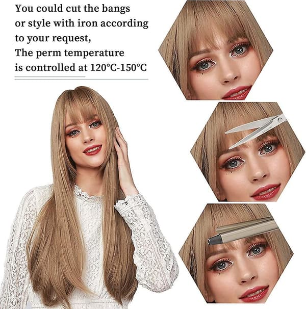 Straight blonde wig with bangs, rose net, synthetic, 24 inches