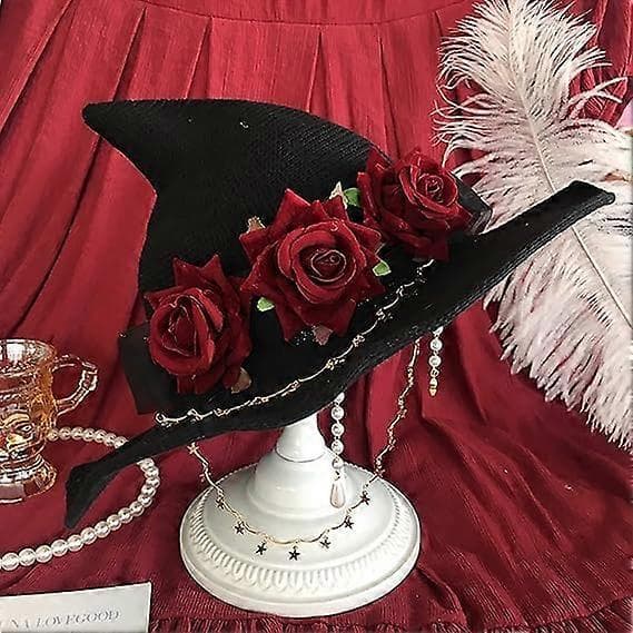 Sort Strikket Heksehat med Rose til Kvinder Bredskygget Spids Halloween Troldmandshat
