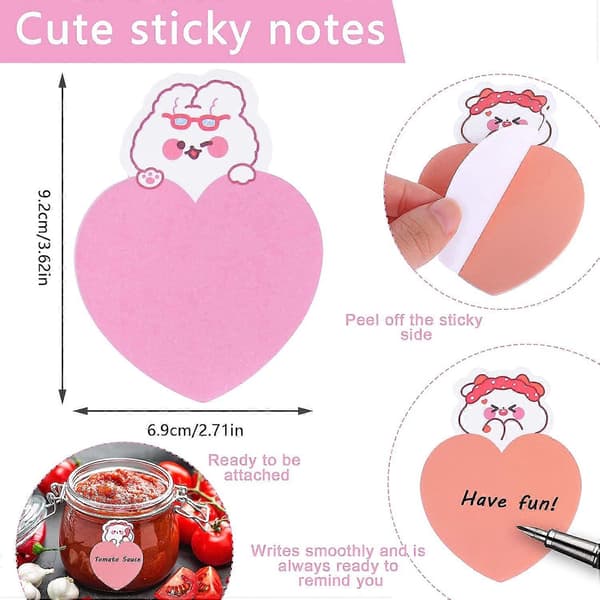 Søde hjerteformede sticky notes, 8 pakker, selvklæbende tegneseriedyre-sticky notes, farverige hjerter, 240 ark, tilfældig stil