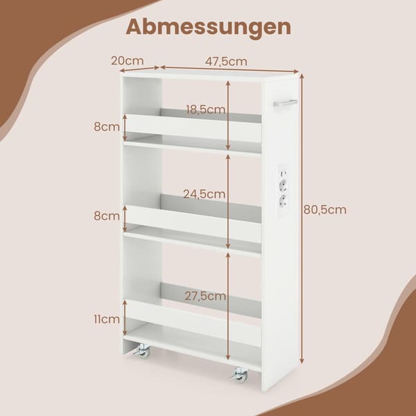 Smal rullende opbevaringsvogn, 4 etager med ladestation