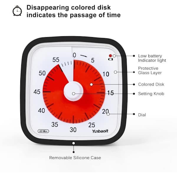 Visuell Timer 60 Minutter Rød, Klasserom Nedtellingstimer for Barn Justerbart Volum 10x10cm