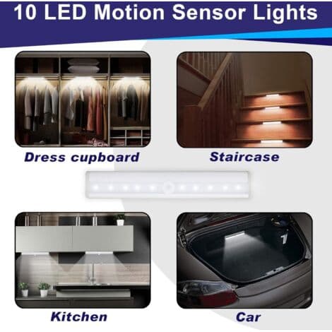 Set of 3 Wireless LED Motion Sensor Lights - 10 LEDs - Detection Range up to 3 Meters - Tool-Free Installation - Under Cabinet Lighting