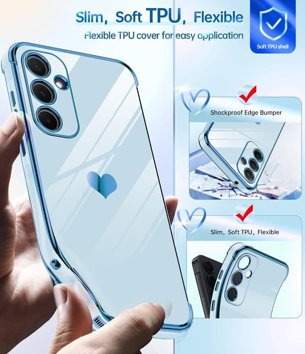 Deksel til Samsung Galaxy A55 5G, 2 x skjermbeskyttere, hjertemønster, TPU-silikon, elektroplettering