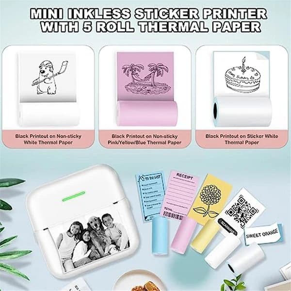 Mini termisk printer blækfri Bluetooth fotoprinter med 5 papirruller til børn, dagbog, studier, rejser, hvid