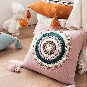 Boho Stickad Prydnadskudde Örngott med Tofsar Blommig Rund Kudde Orange Orange