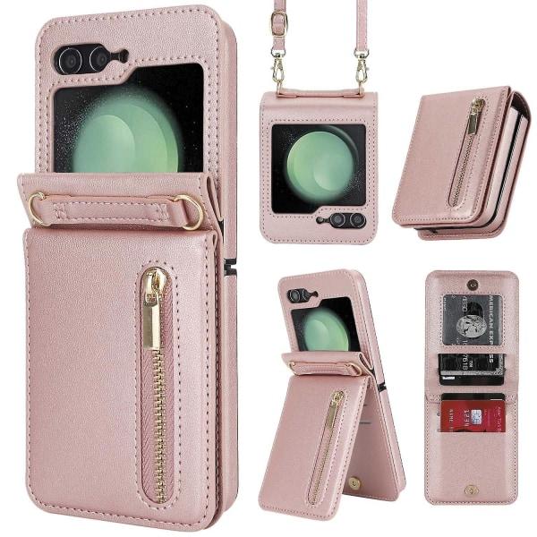 Flip 5 Etui, Crossbody Lynlås Etui til Samsung Galaxy Z Flip 5 med Kortholder Rosaguld