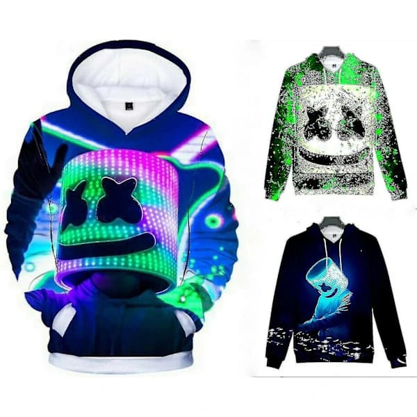 Børn Marshmello Neon Dj 3D-printede Hættetrøjer Sweatshirt Jakke Trøje Sort 140cm (7-8 År)