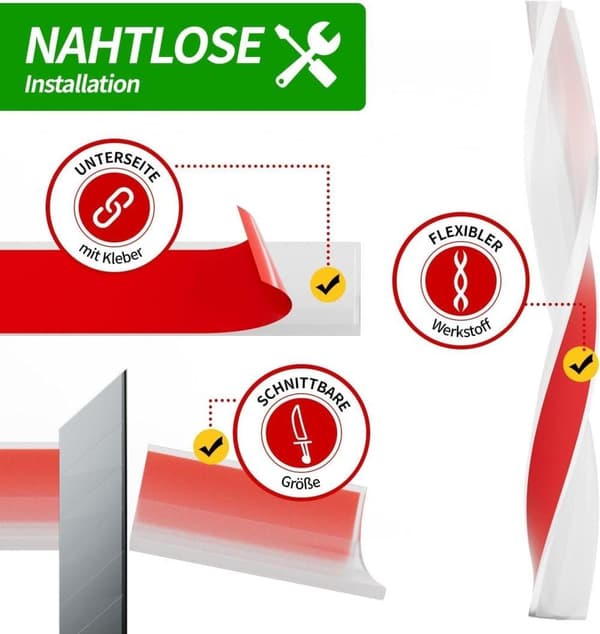 Duschtröskel och vattenbarriär - Flexibel silikonlist, vattentät, 3 cm hög, vit, 2 m White 2M