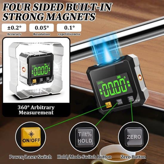 Laser Level - Digital Angle Gauge Digital Angle Gauge with Laser - Four-sided, Strong Magnetic Angle Measurement Laser with Dual Laser