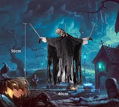 Halloween hængende spøgelse med røde LED-øjne og skrig, sort med 3 reb